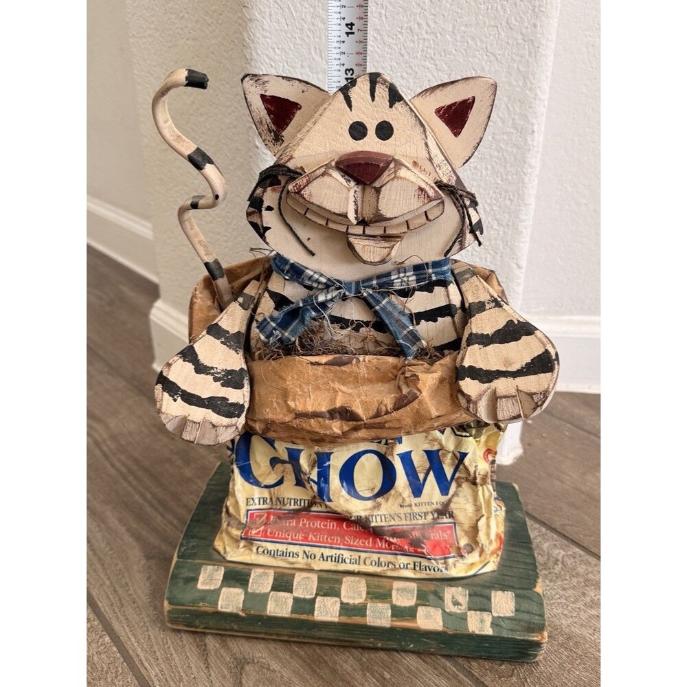 VTG 1996 Folk Art Wooden Cat in Kitten Chow Bag Upcycled Whimsical Unique Signed